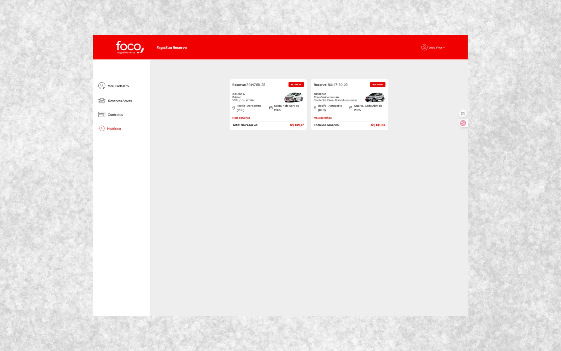 Gestão de reservas e histórico no Portal do Cliente Foco