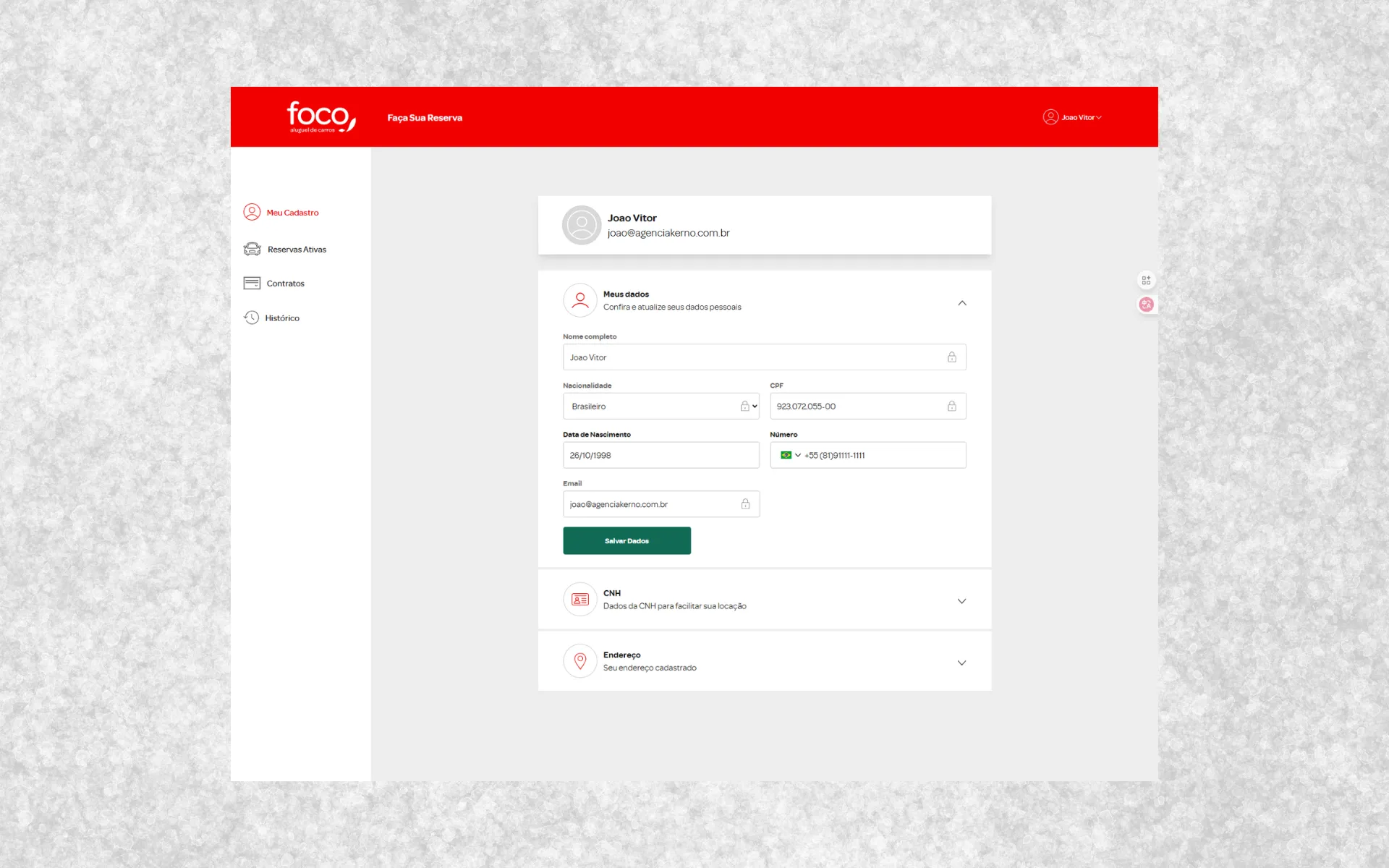 Dashboard do Portal do Cliente Foco